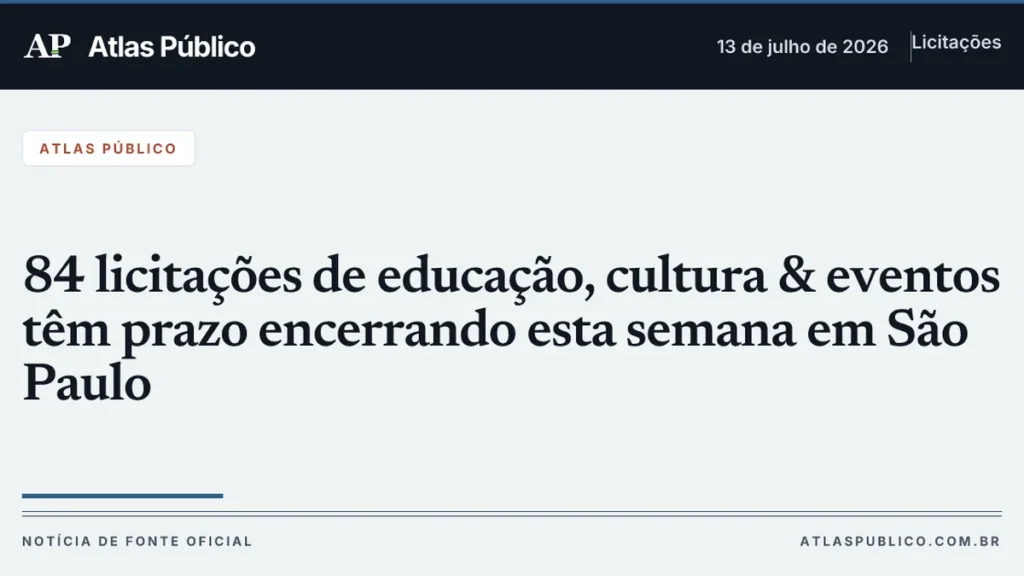 84 Licitações de Educação, Cultura e Eventos em São Paulo com Prazos Próximos e R$ 87,9 Mi em Jogo